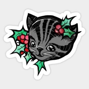 Christmas Holly Grey Tiger Stripe Tabby Cat Sticker